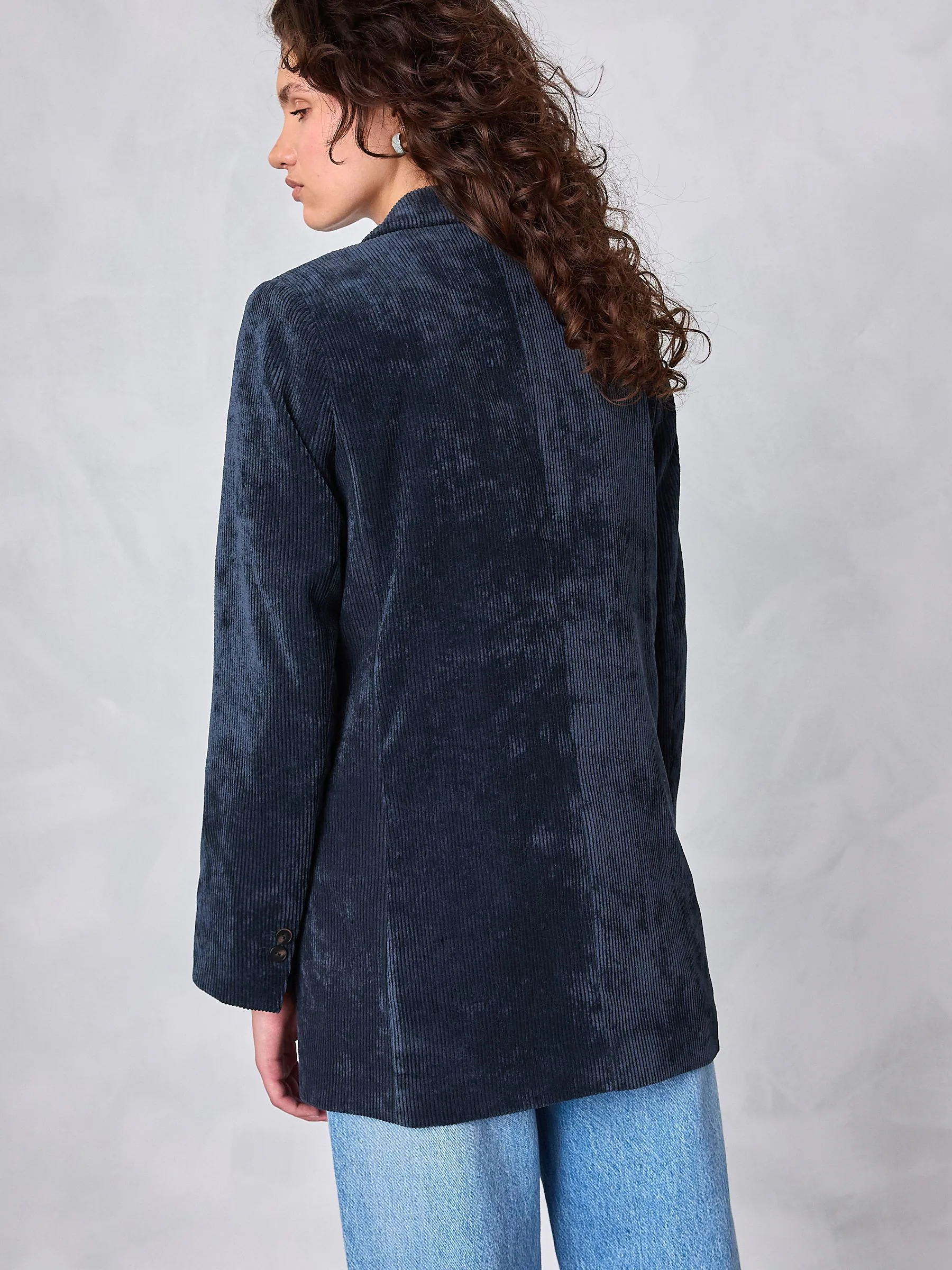 Donkerblauw - Corduroy blazer met enkele rij knopen