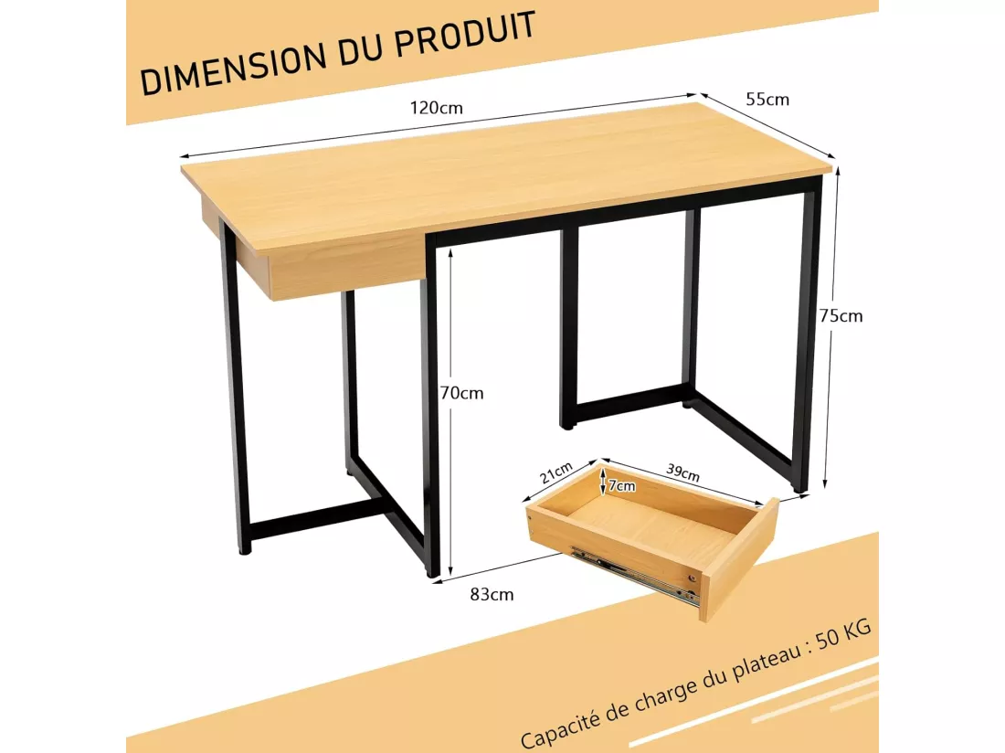 Bureau d'Ordinateur 120 x 55 cm, Table avec Tiroir, Design Élégant, Postes de Travail pour Bureau, Salon, Chambre, Facile à Assembler, 120 x 55 x 75 cm (Naturel)