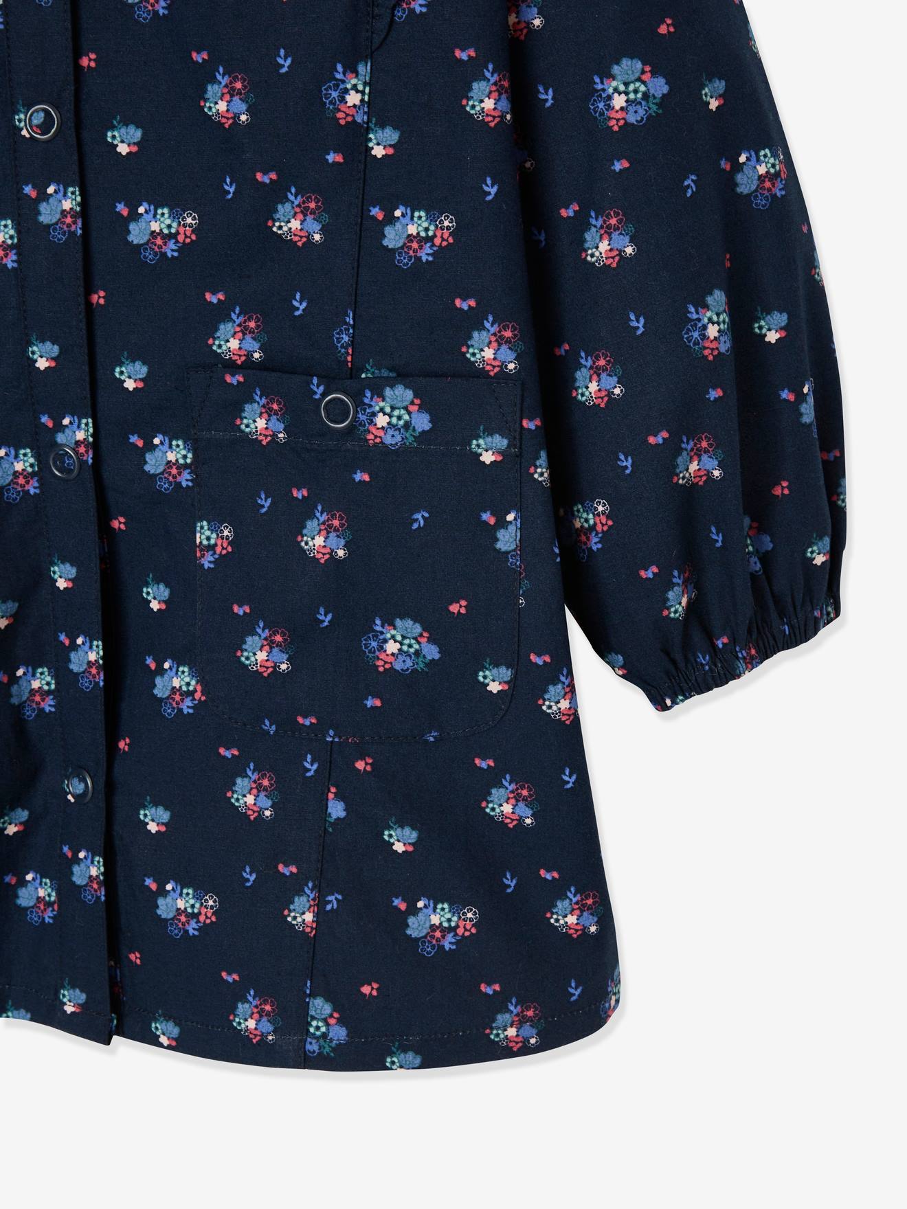 Vestido infantil com babados e estampa floral personalizável para meninas, estampa azul vibrante.