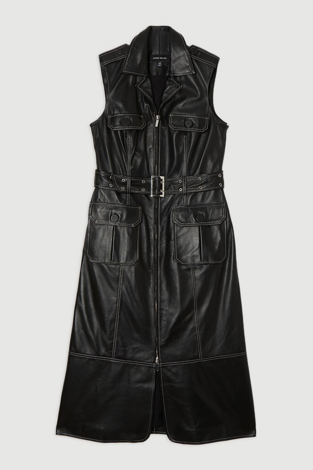 KarenMillen Petite robe midi sans manches en cuir à couture contrastée et ceinture