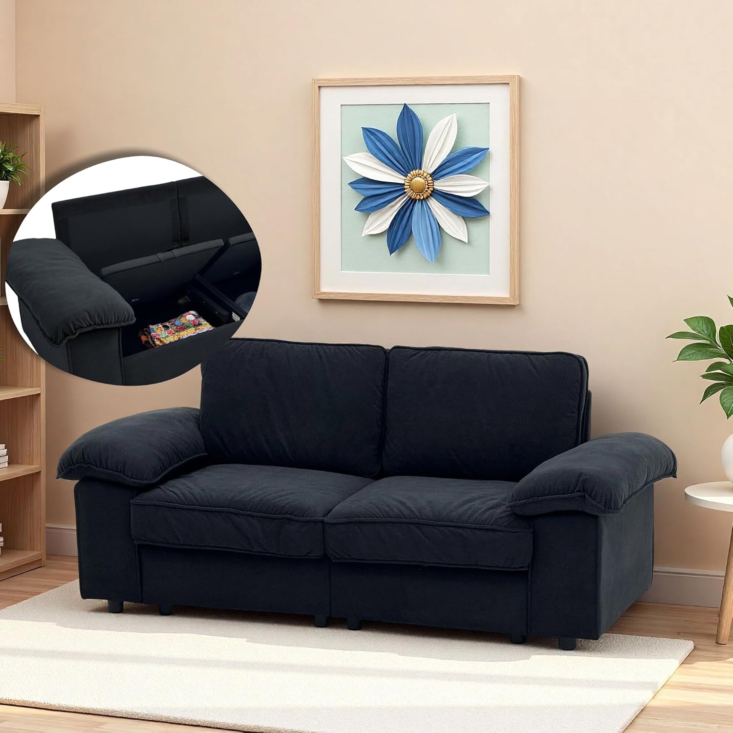 Sofa 2 Sitzer mit Stauraum, Ecksofa mit Schlaffunktion, Elegantes Skandinavisches Schlafcouch, Modernes Sofa Bed, Ist Kuschlig, für Wohnzimmer/Schlafzimmer/Büro, 201cm, Velvet, Schwarz