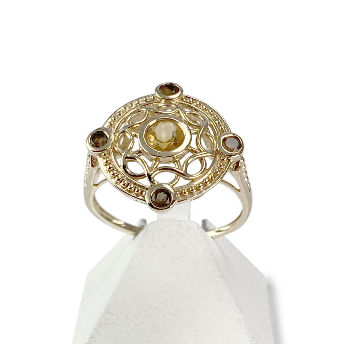 Bague d'occasion or 375 jaune citrine et quartz fumés