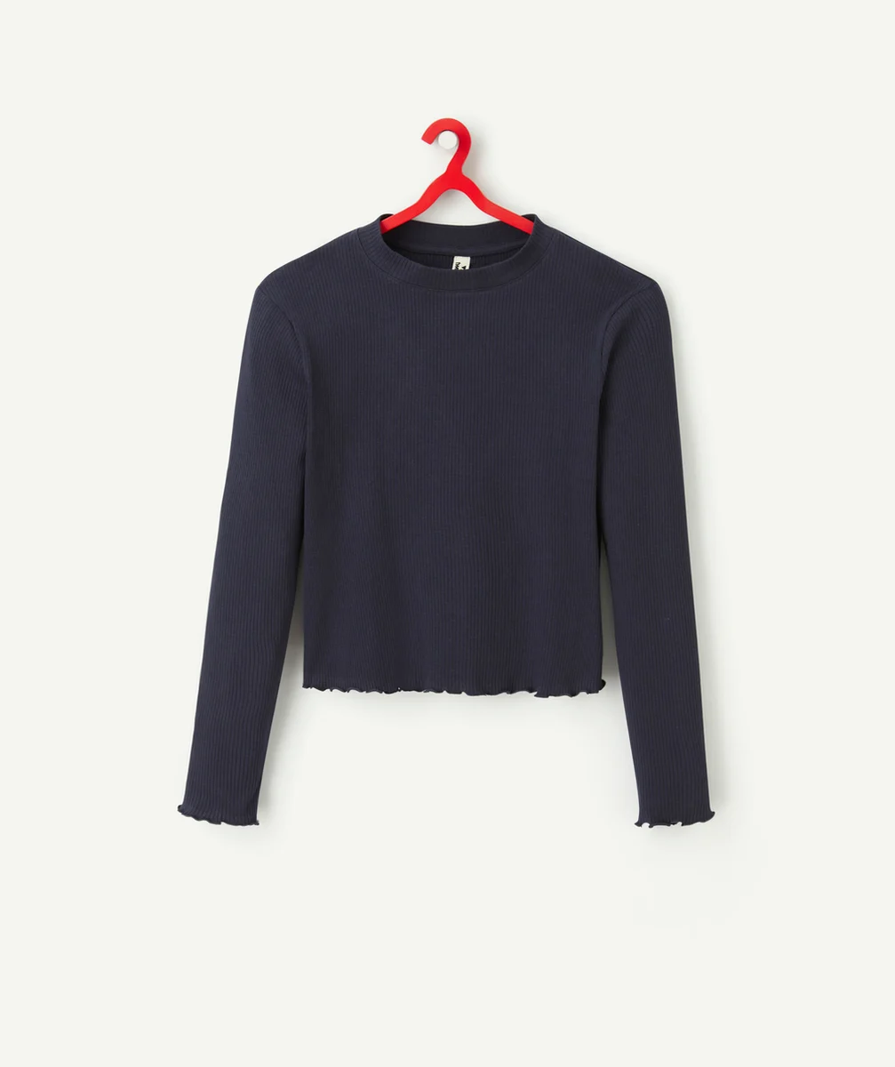 T-SHIRT À MANCHES LONGUES FILLE EN COTON BIO BLEU MARINE CÔTELÉ