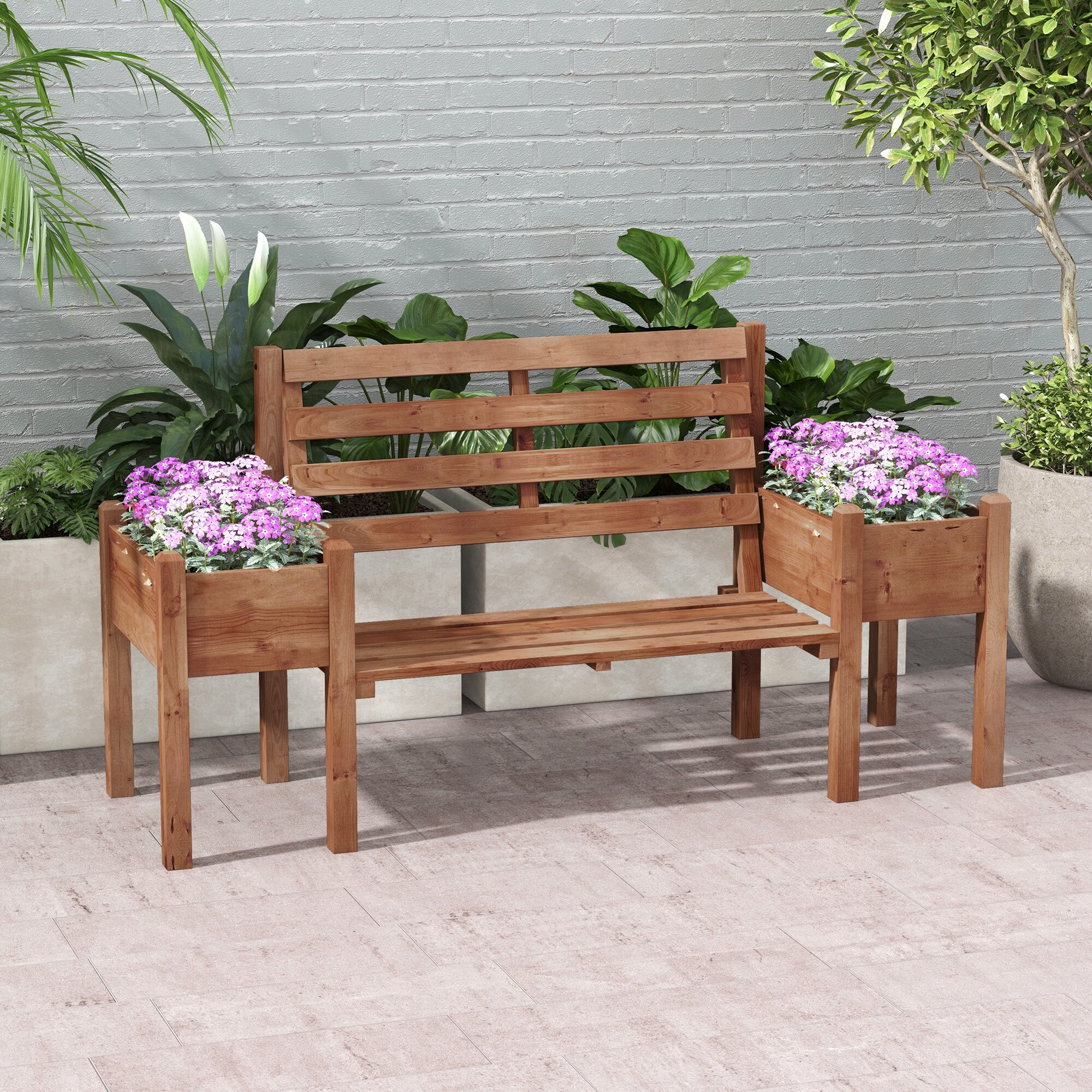 Outsunny Gartenbank mit 2 Blumenkästen braun 184L x 59B x 95H cm