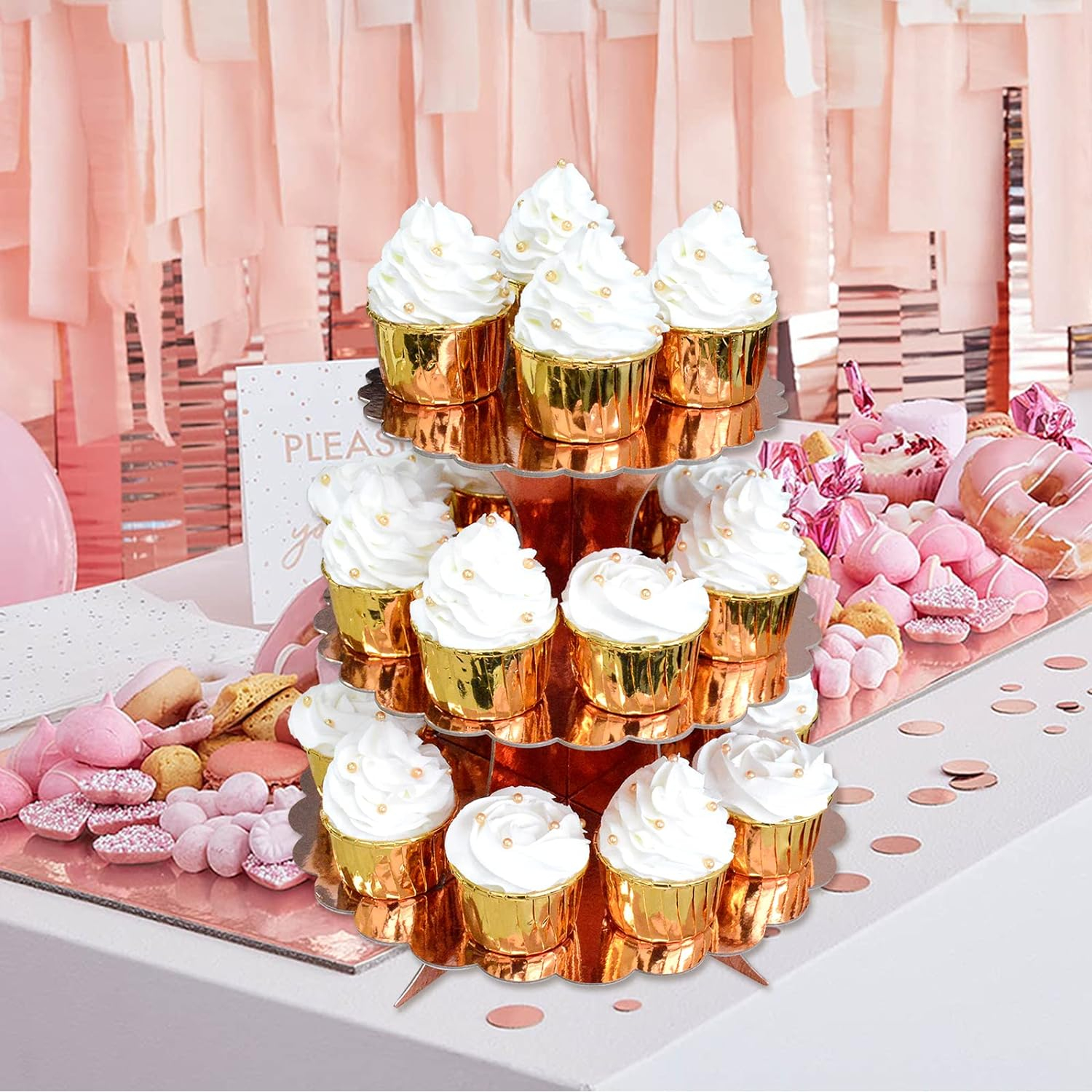 3 Etagen Karton Cupcake Etagere Muffin Ständer Geburtstags Servierständer - Roségold