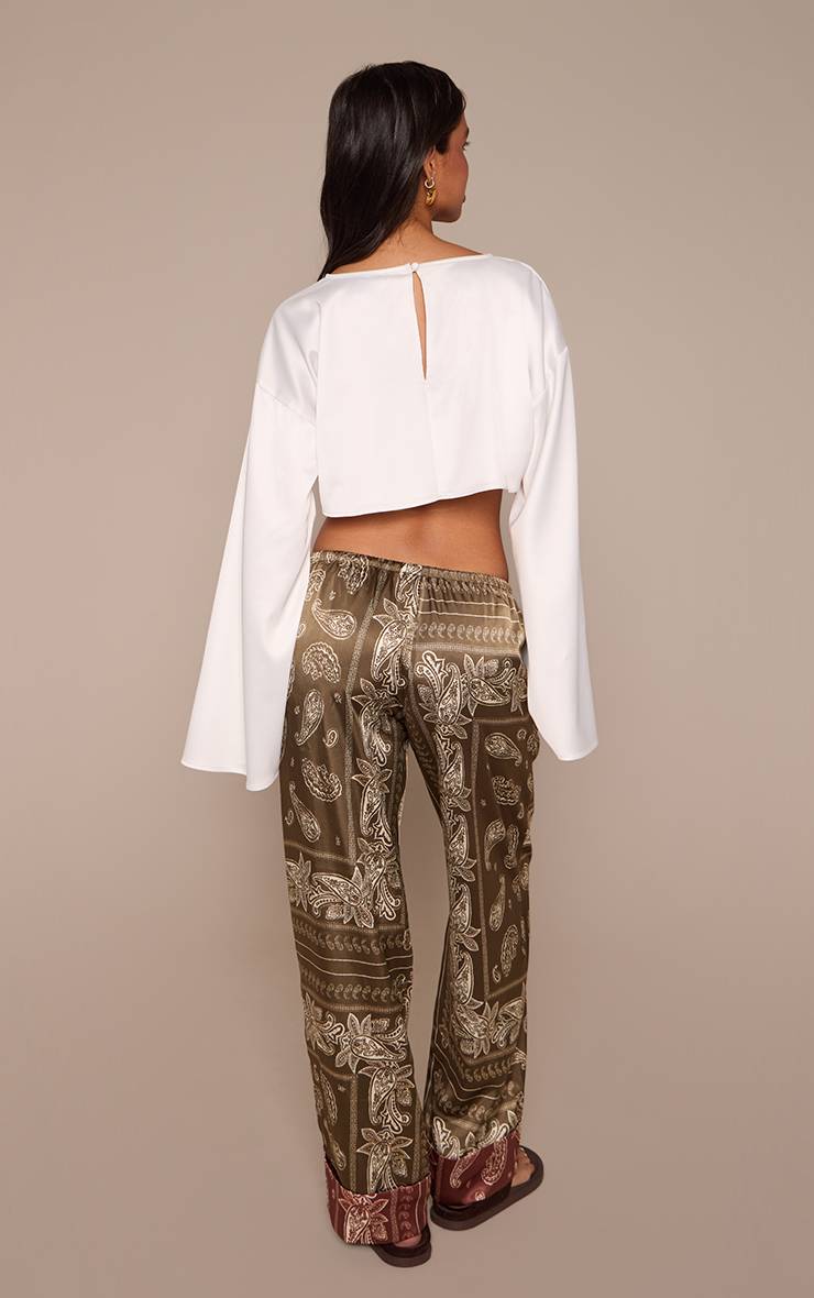 Kaki Pantalon En Satin À Motif Paisley Avec Ourlet Contrasté Et Cordon De Serrage