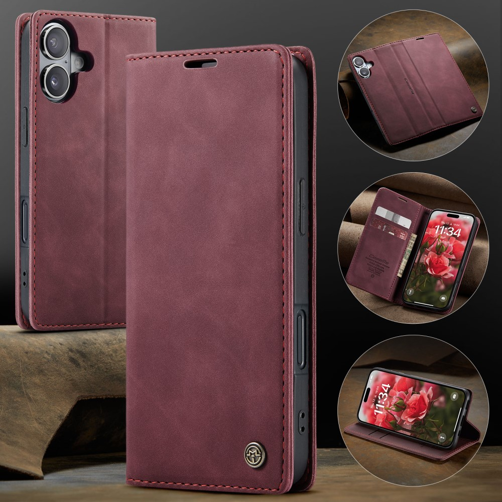 iPhone 16 Leder Tasche Flip Wallet Etui mit Kartenfächern - Dunkelrot