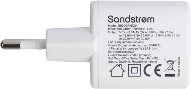Sandstrøm USB-C 30W GaN oplader med USB-C-kabel
