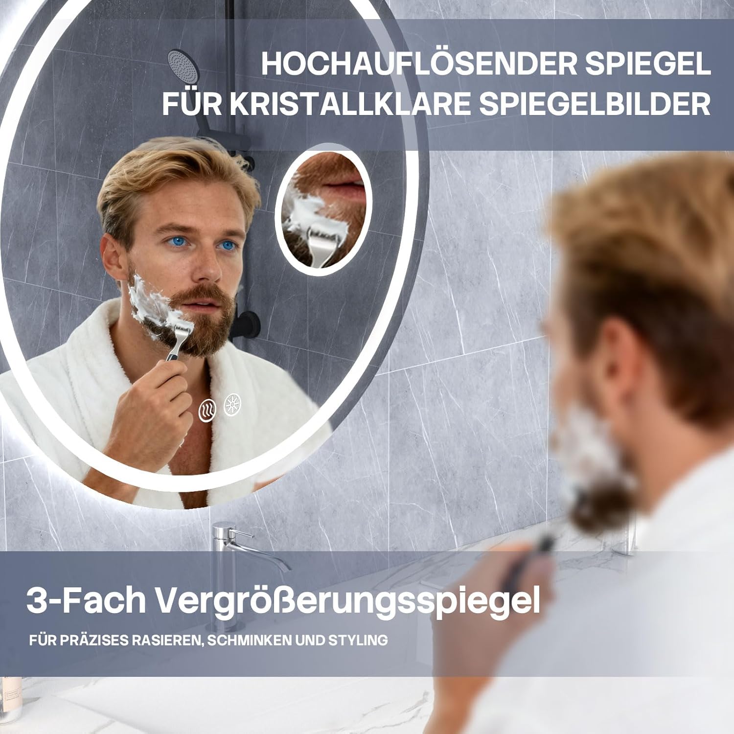 HySail Badspiegel mit Beleuchtung, 5mm Hochauflösender Silber-Spiegel, 3 Farbtemperaturen & Dimmbare Helligkeit, Wandspiegel mit Touch-Schalter & Anti-Beschlag, Rund