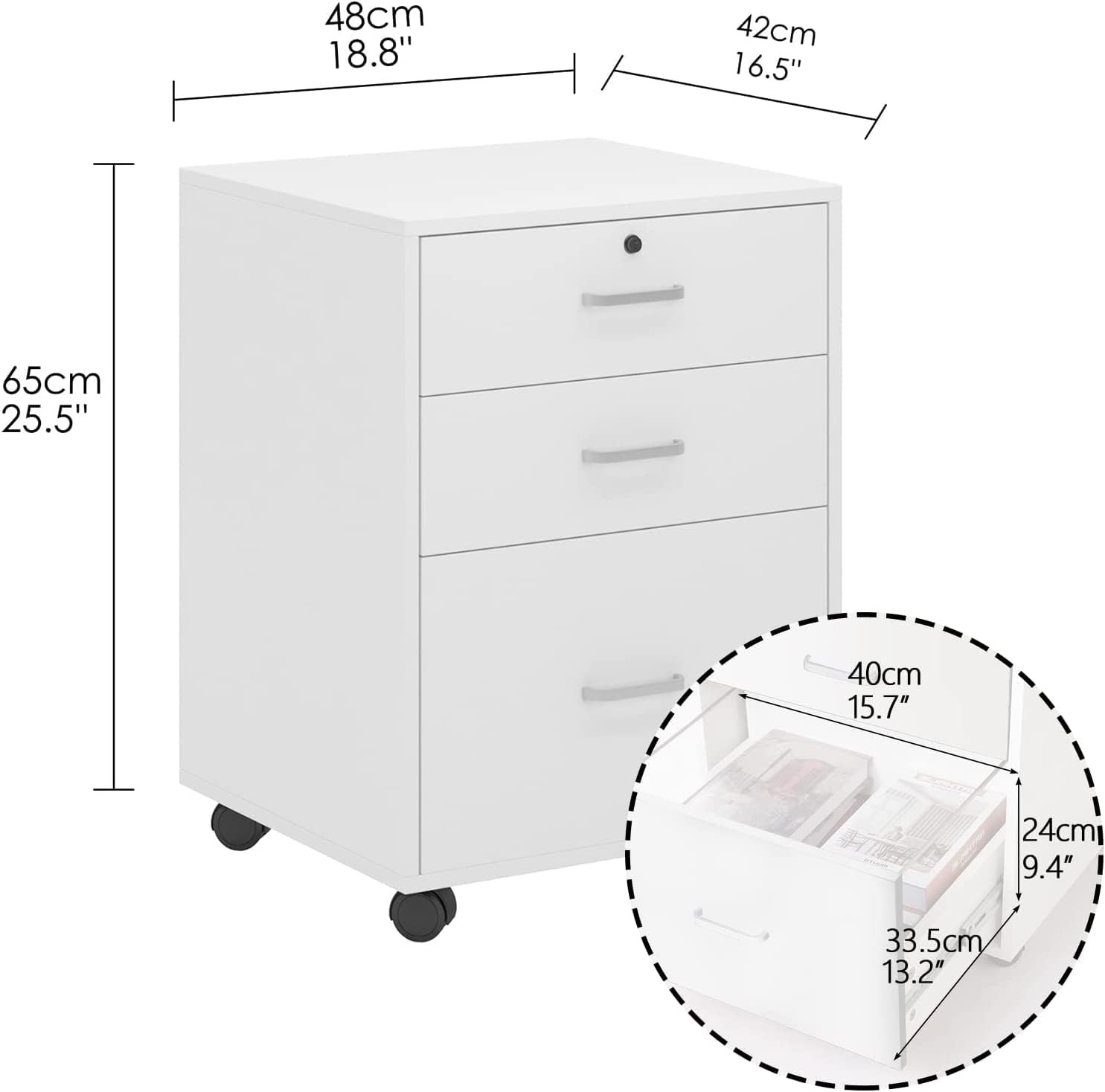 DlandHome Rollcontainer Weiß mit 3 Schubladen für Schreibtisch, Aktenschränke, Mobilen 65cm H für A4, Rollcontainer aus Holz mit Schubladen, FC04 ME8353644