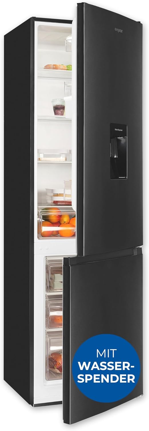 Exquisit Kühl-Gefrierkombination | 260 l Nutzinhalt, Energieklasse D, 40 dB(A) | Wasserspender mit Tank, elektronische Temperaturregelung, LED-Beleuchtung | KGC5265-70-WS-040D inoxlook-az
