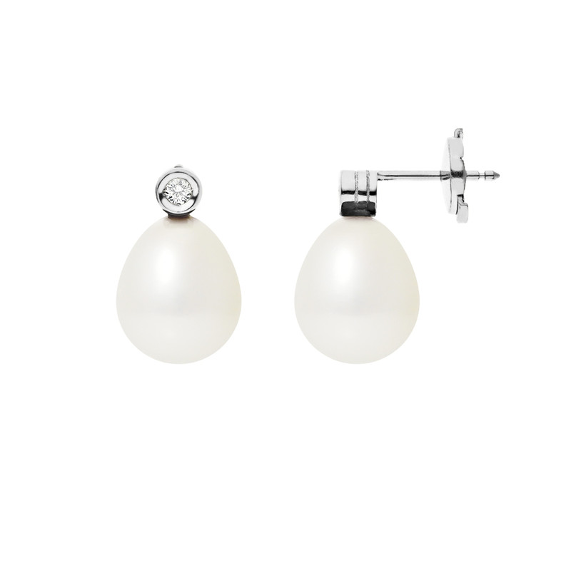 Boucles d'Oreilles Perles de Culture Blanches, Diamants et Or Blanc 750/1000