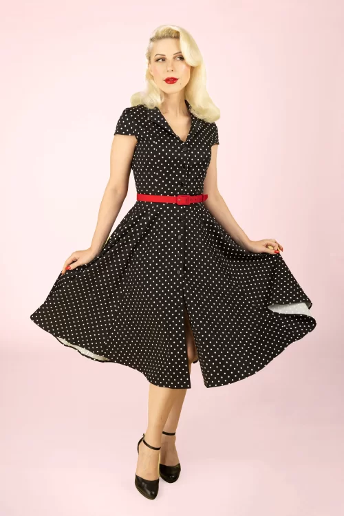Topvintage Boutique Collection Angie Polkadot swing jurk in zwart en wit