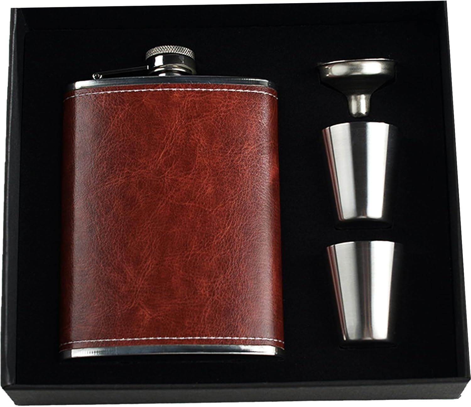 (236ml) Edelstahl Flachmann im Leder Design Edle Geschenkidee inkl. Trichter / Shot Becher - Braun / Silber