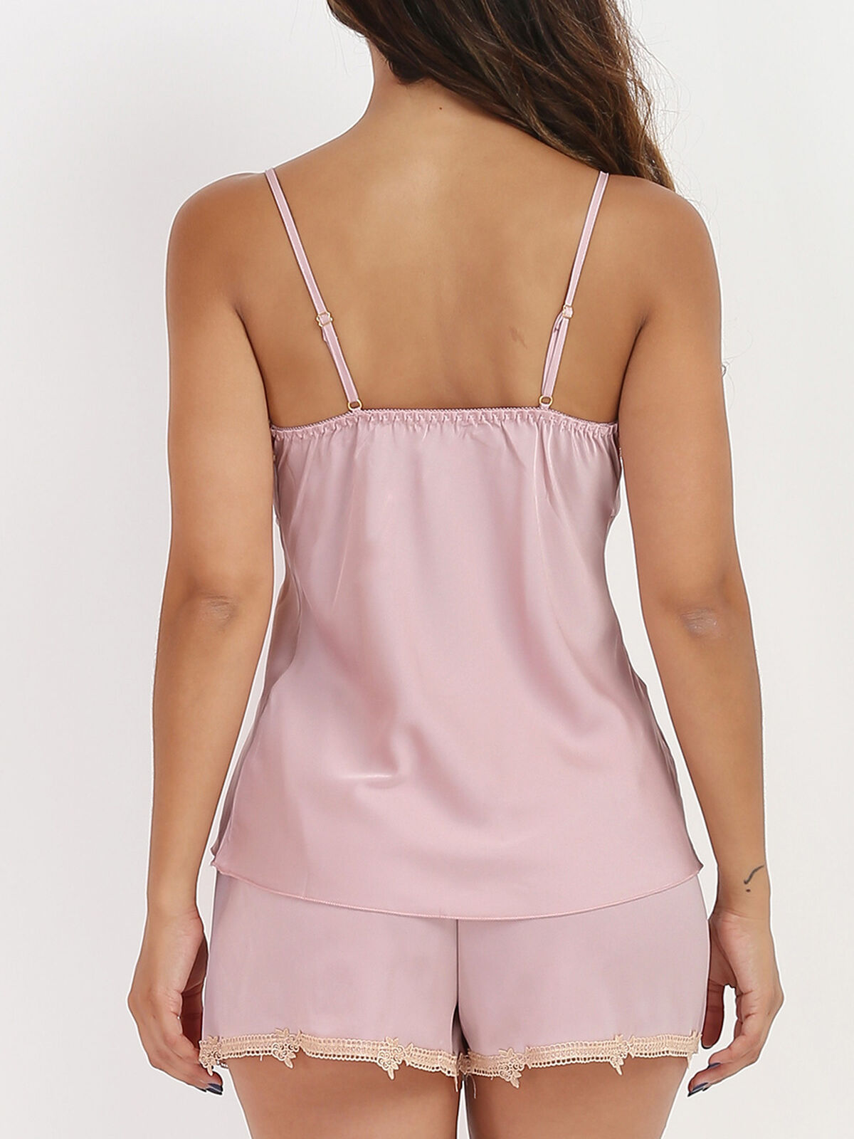 Ensemble pyjama satiné à dentelle- Vieux rose