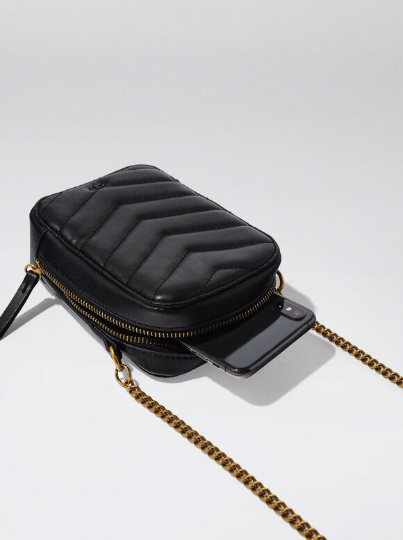 Bolsa acolchoada para celular com corrente - Preta