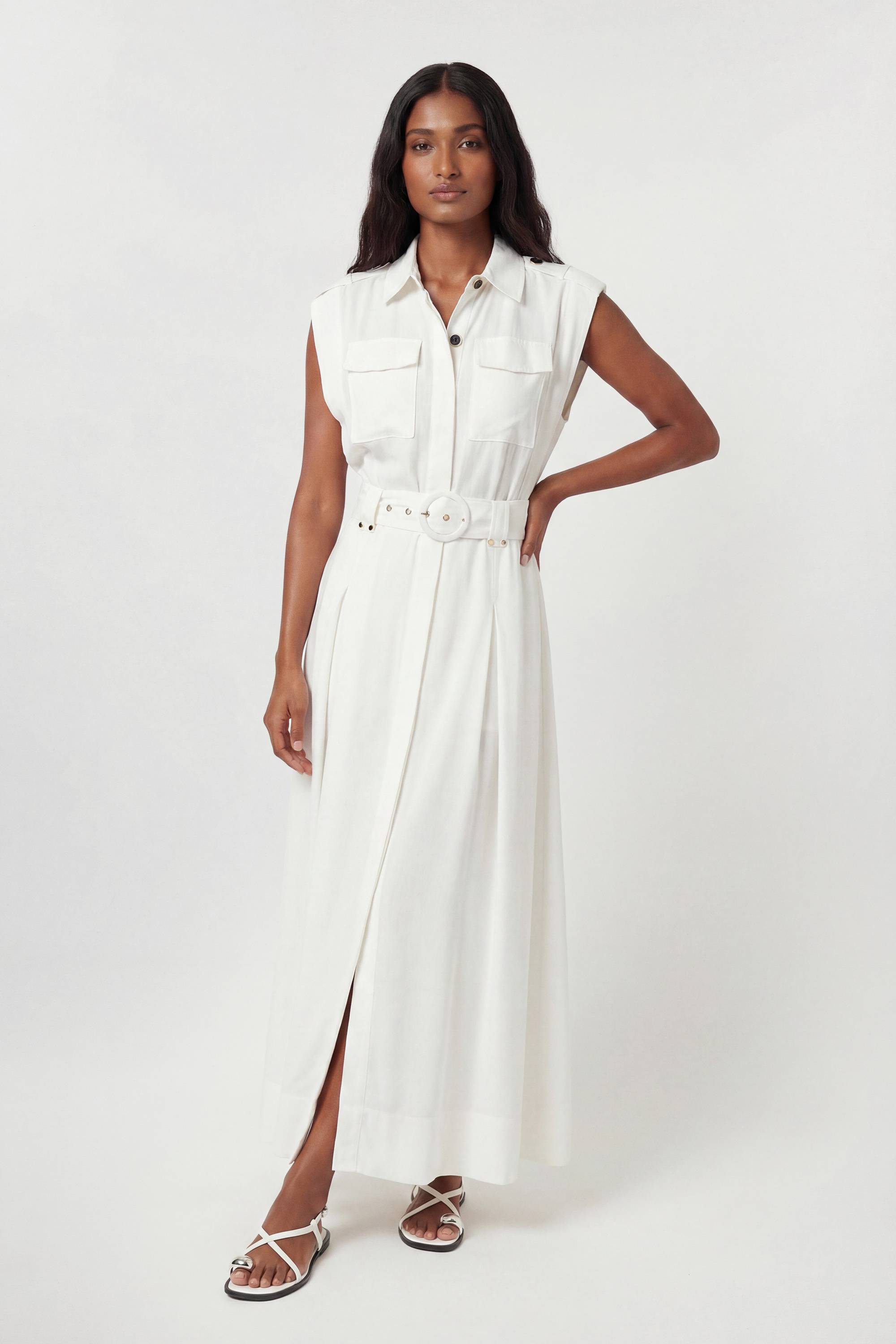 KarenMillen Robe Maxi Tissée Ceinturée En Viscose Lin Premium Avec Détail De Quincaillerie Dorée
