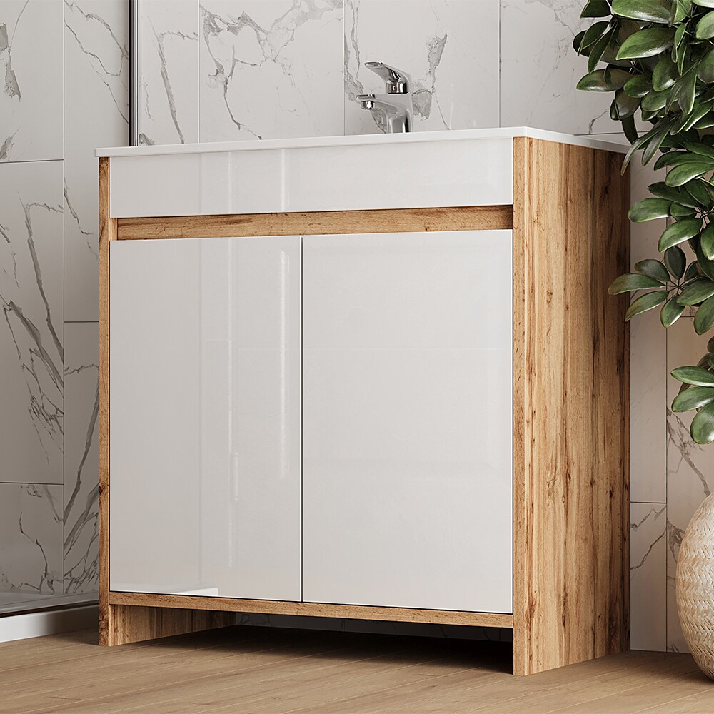 Vicco Waschbecken mit Unterschrank Lemgo Eiche Weiß 80 cm
