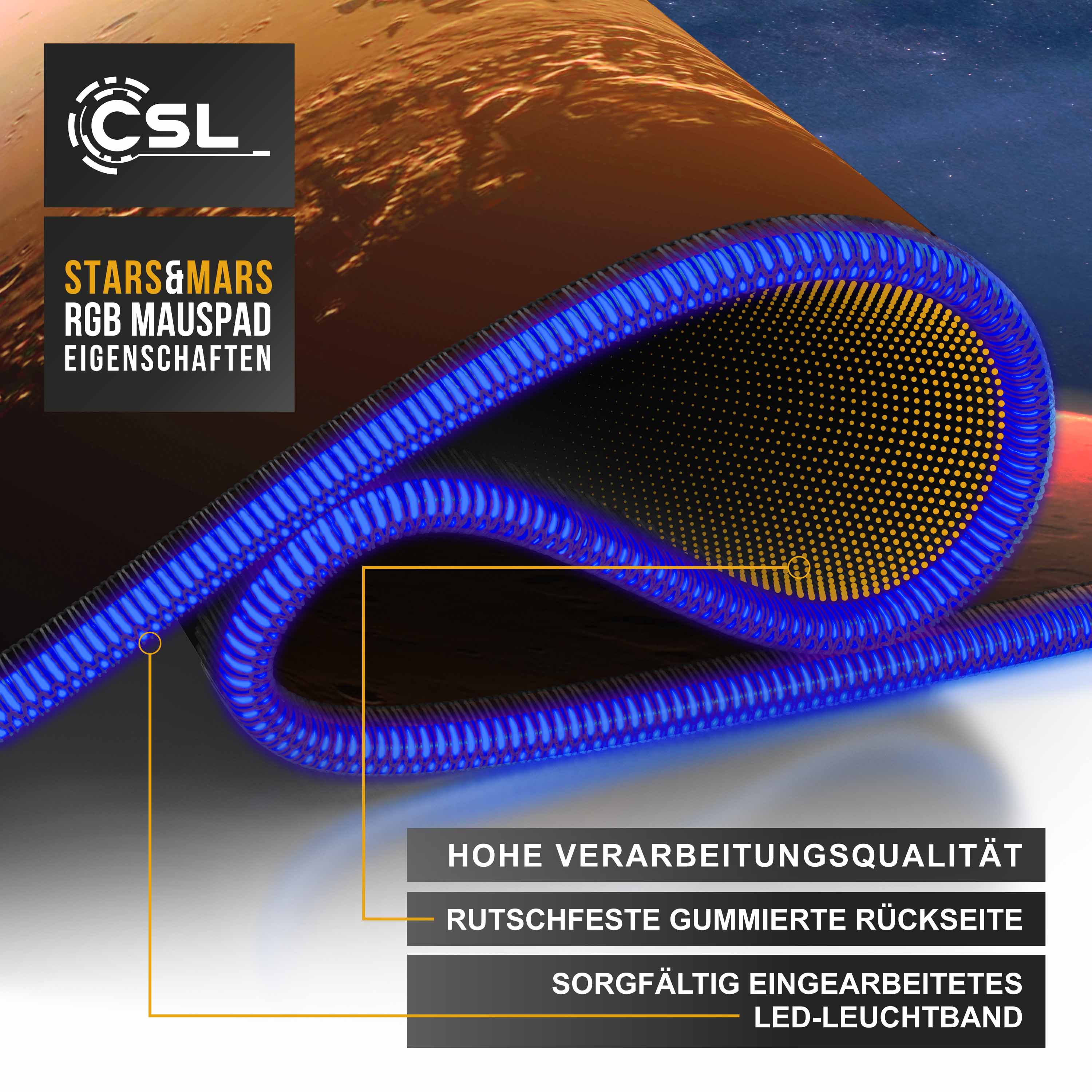 CSL RGB Gaming Mauspad, Gaming Mauspad - 800 x 300 mm XL Mousepad - LED Multi Color, Stars & Mars