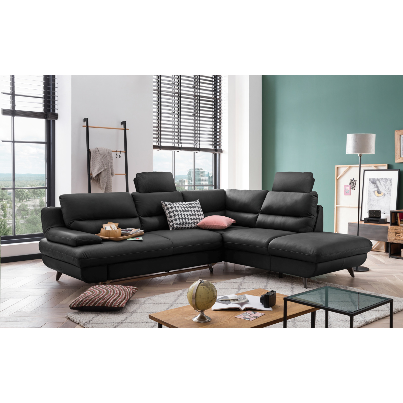 Ecksofa Pike Leder, Ottomane rechts schwarz