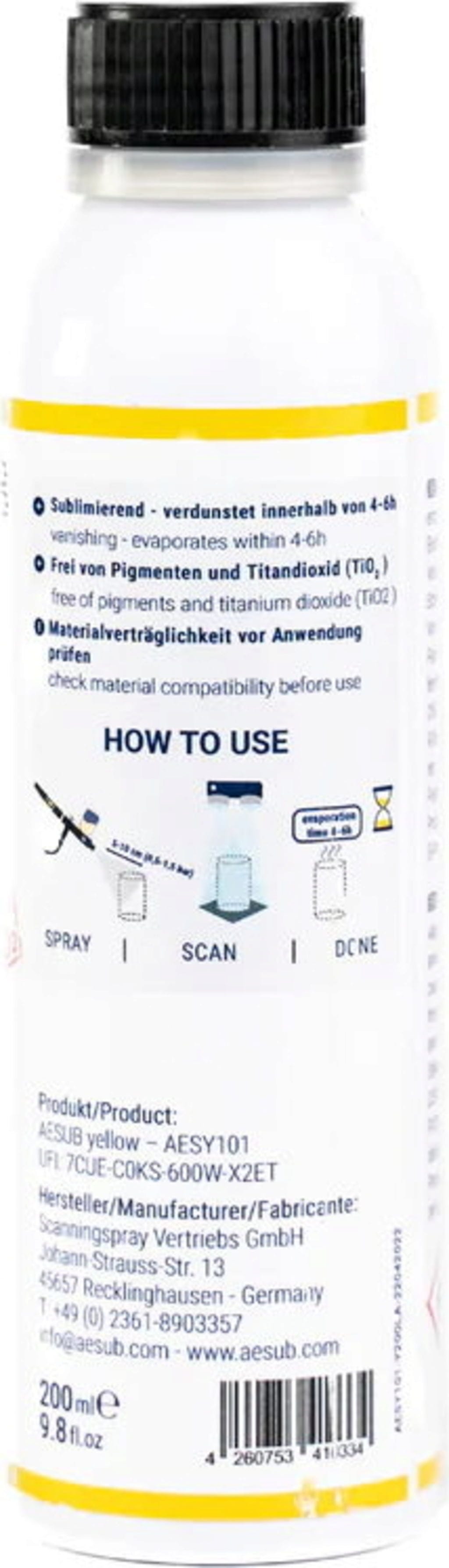 AESUB  Yellow Scanningspray, 200 ml    Selbstverflüchtigendes 3D-Scanningspray mit einer matten, dünnen & homogenen Beschichtung