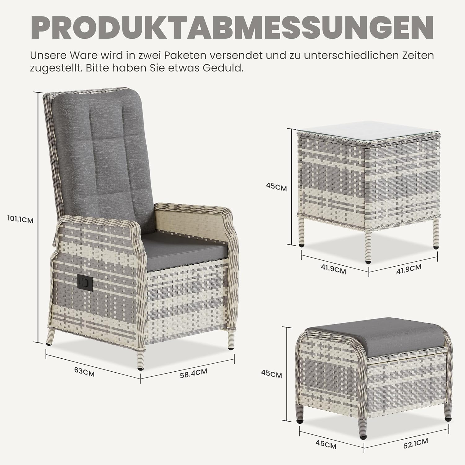 Gotland Rattan Gartenmöbel Set Lounge Möbel Outdoor, Verstellbares 2-Sitzer Terrassenmöbel Außen mit 118° Rückenlehne & Fußhocker, Hochwertige Polster & Glastisch, Wetterfest (Grau)