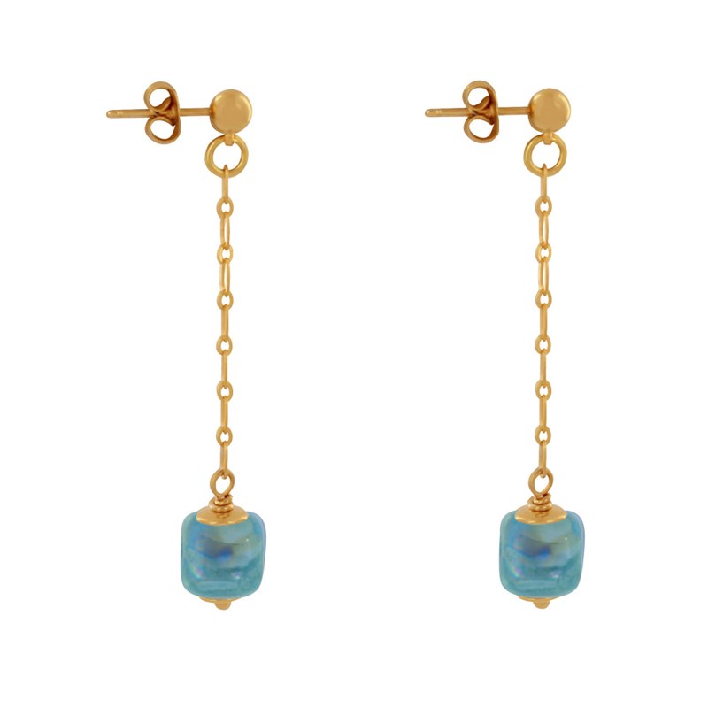 Boucles d'Oreilles Chainette Laiton Doré et Cube en Céramique