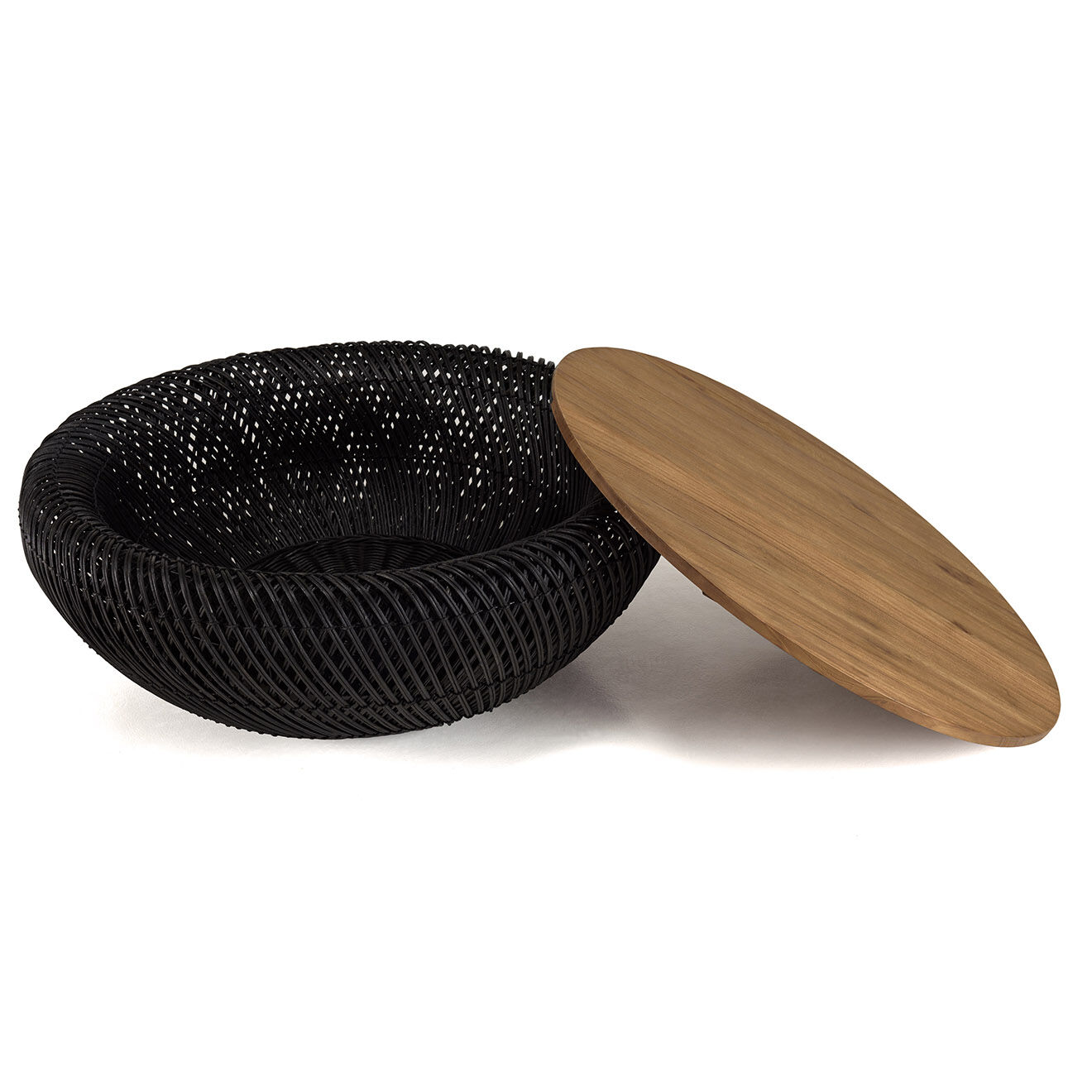 Macabane Table basse ronde en rotin noir plateau amovible Sixtine bois/noir - D.80x32 cm