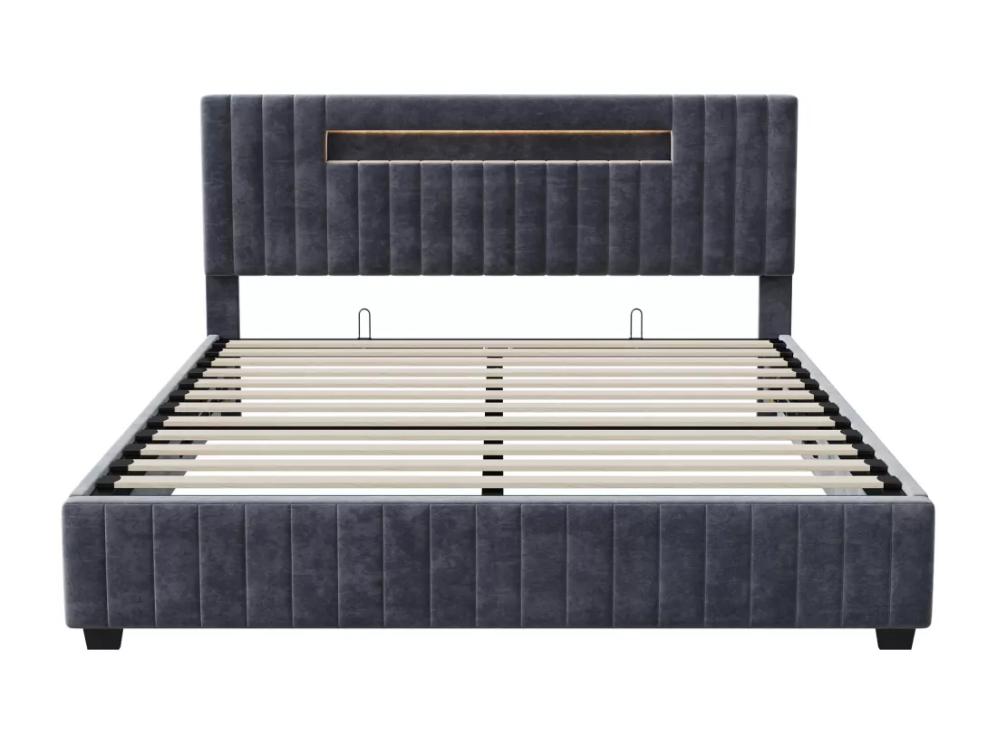 Lit coffre 140x200cm - Lit double avec sommier à lattes et tête de lit LED avec rangemet, en tissu velours gris
