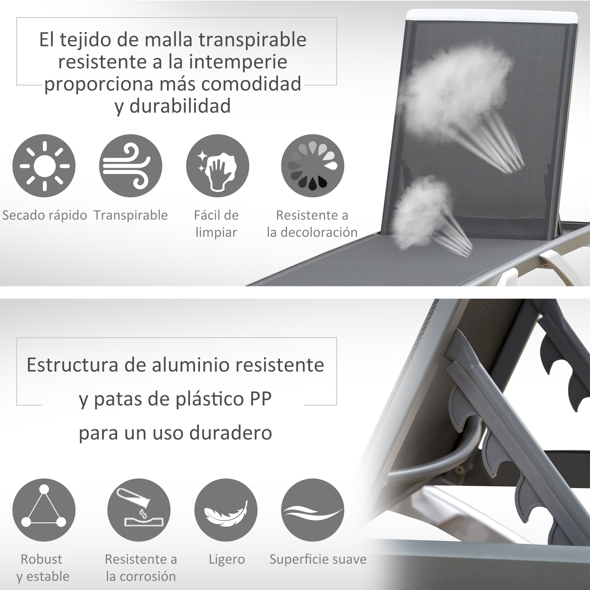 Conjunto de 2 espreguiçadeiras reclináveis de alumínio Outsunny, com encosto ajustável em 5 níveis e 2 rodas, ideais para pátio, varanda e área da piscina. Dimensões: 170 x 67,5 x 95 cm. Cores: cinza e branco.