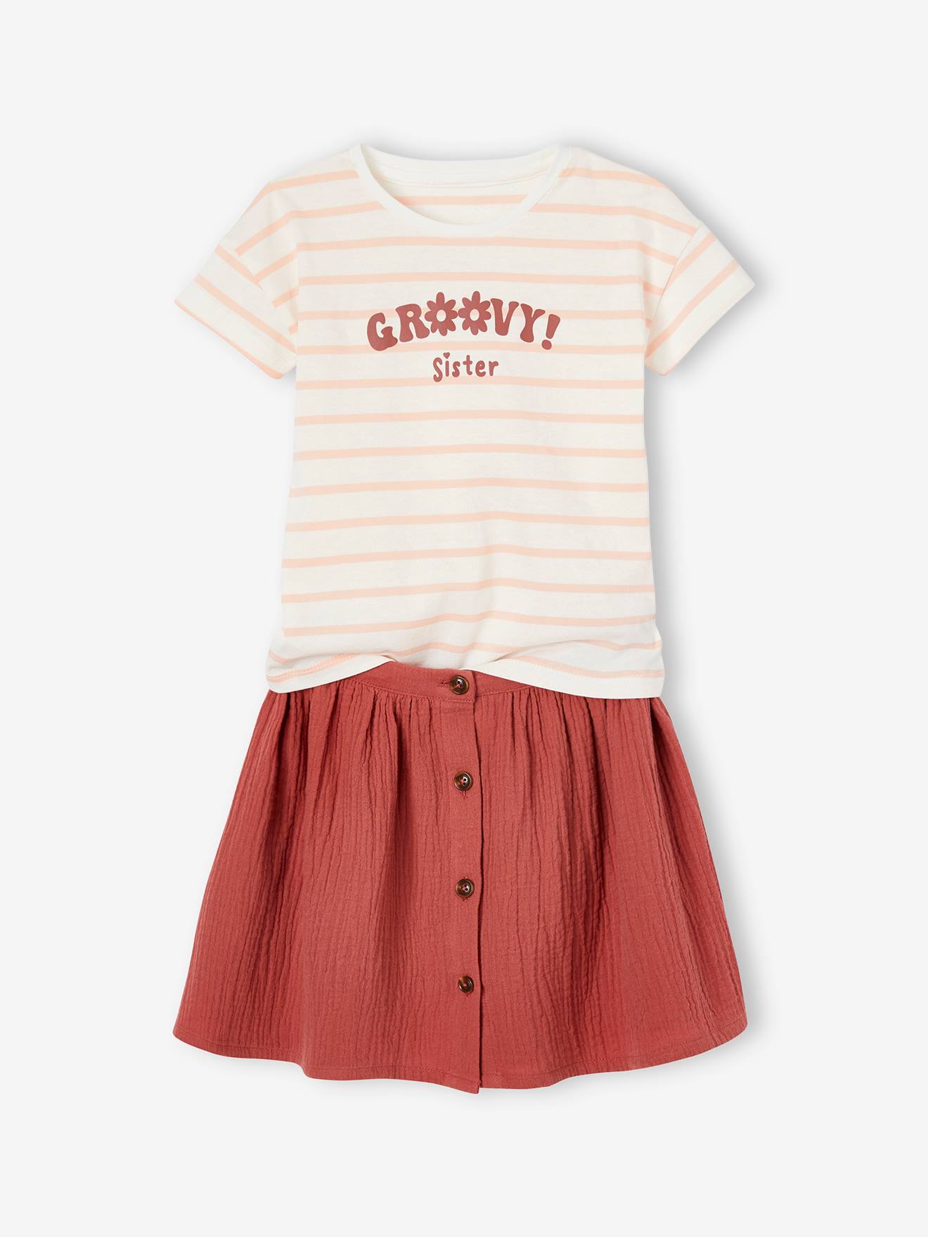 Conjunto de camiseta e saia de chiffon de algodão para menina da Clay