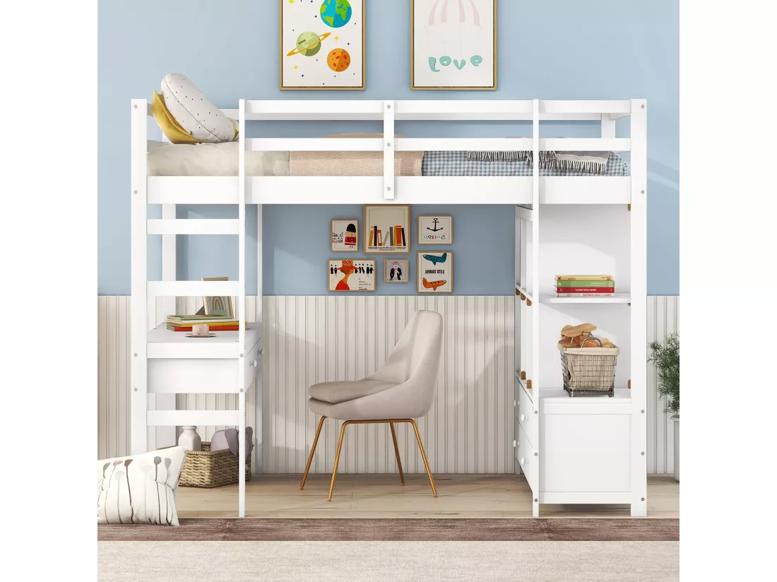 Lit mezzanine 140 x 200 cm pour enfant - bureau et tiroirs - pin - blanc