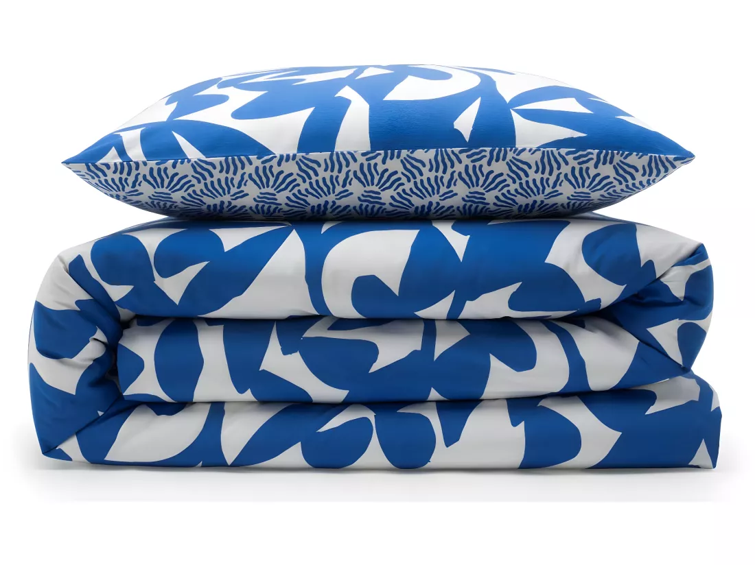 Parure de lit 2 personnes en coton 57 fils imprimé bleu 240x220cm