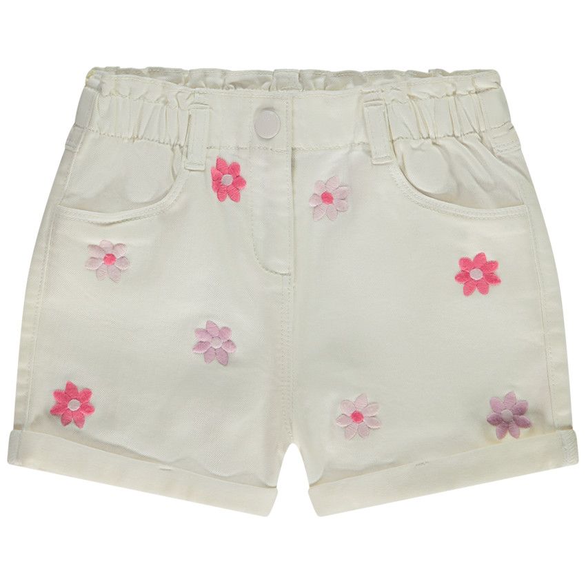Short denim avec broderies marguerites pour fille - Ecru