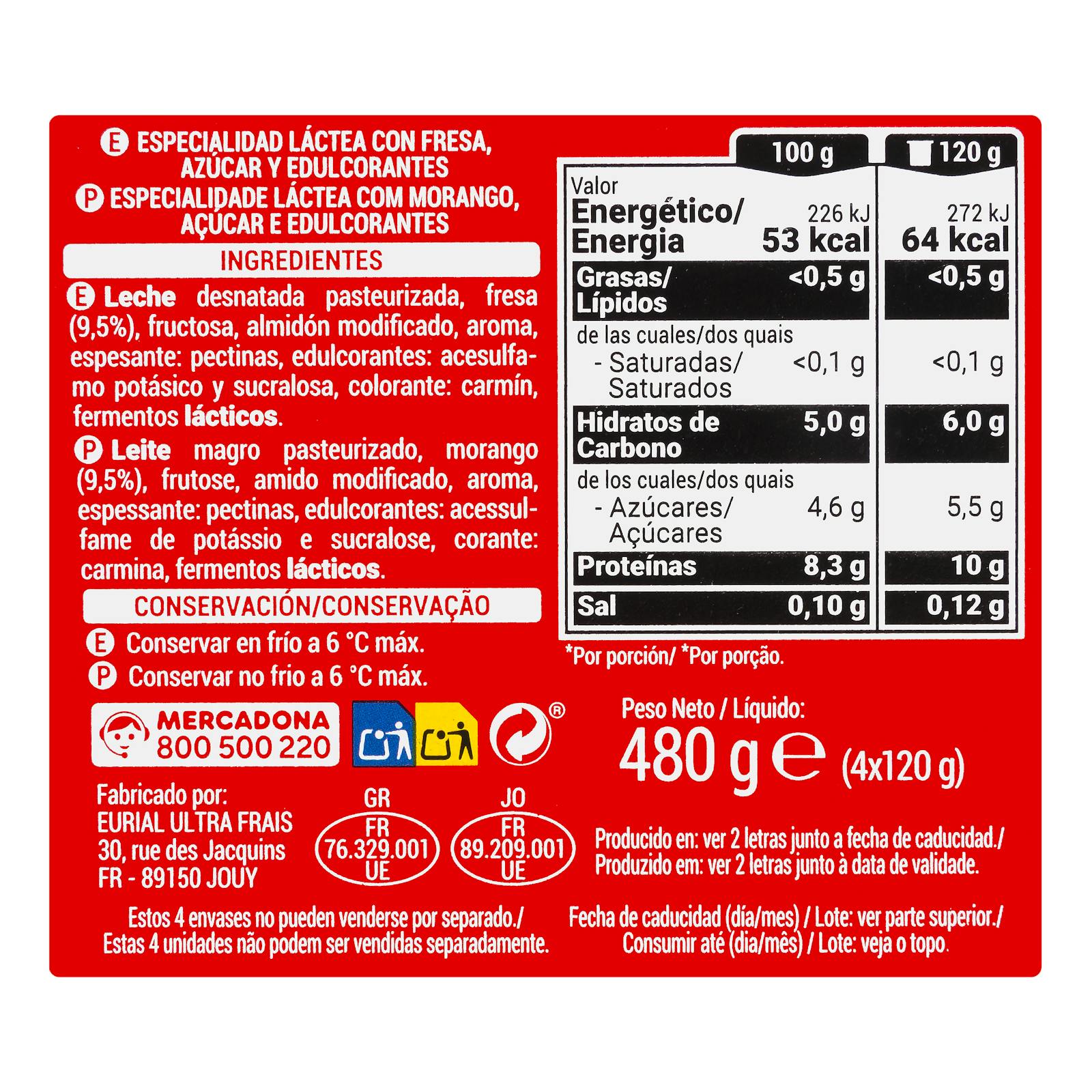 Dessert lacté à la fraise + Protéines Hacendado 0% mg 10 g de protéines