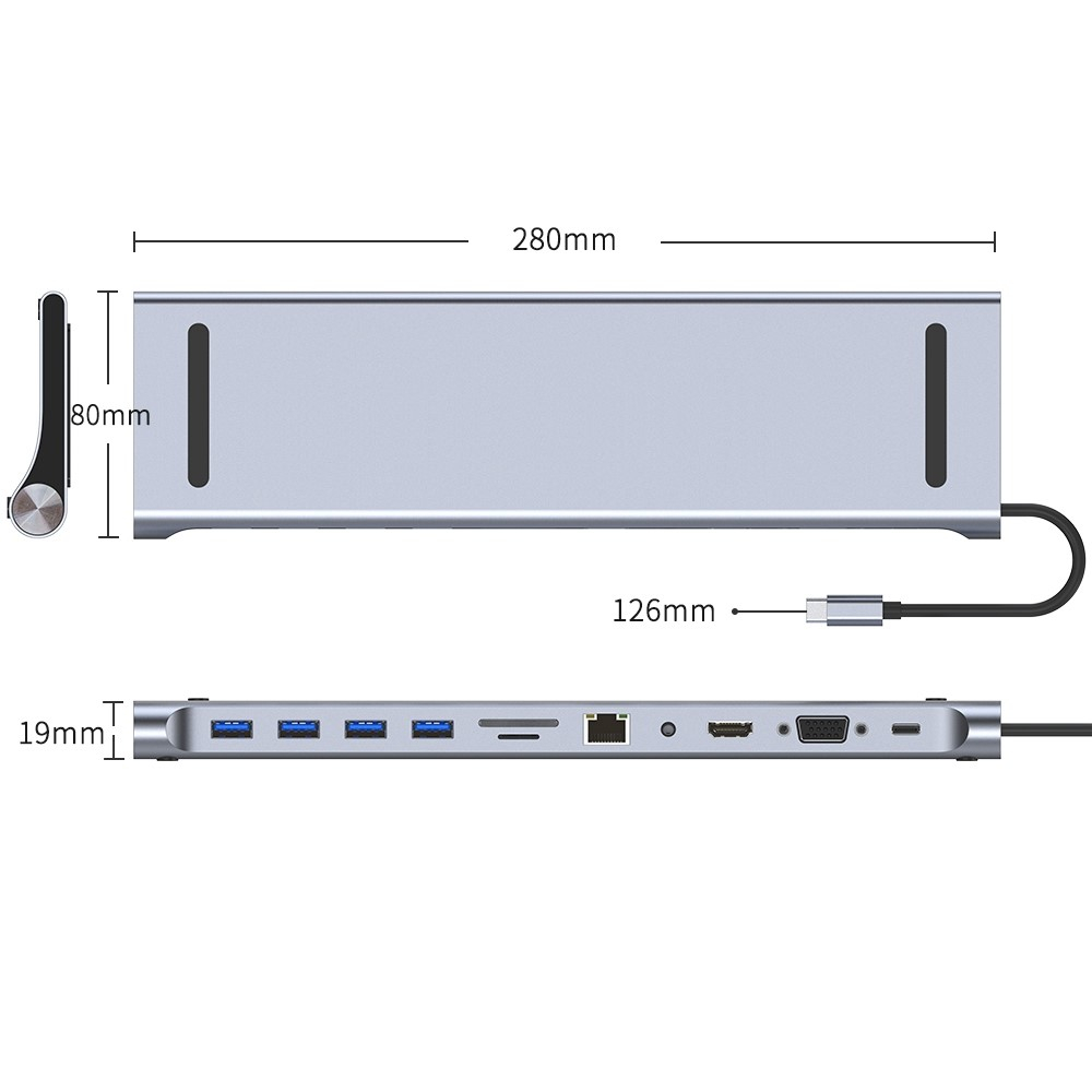 (16cm) USB C Multiport Adapter Hub mit 1x HDMI / 3x USB 2.0 / 1x USB 3.0 / 1x LAN / 1x VGA / 1x USB-C (PD) SD und Micro SD Steckplatz - Grau