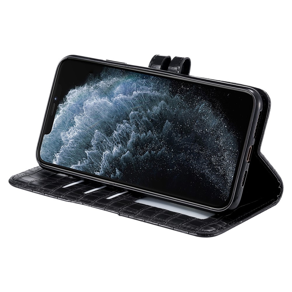 iPhone 12 / iPhone 12 Pro Leder Tasche im Kroko Look mit Kartenfach   Magnetverschluss - Schwarz