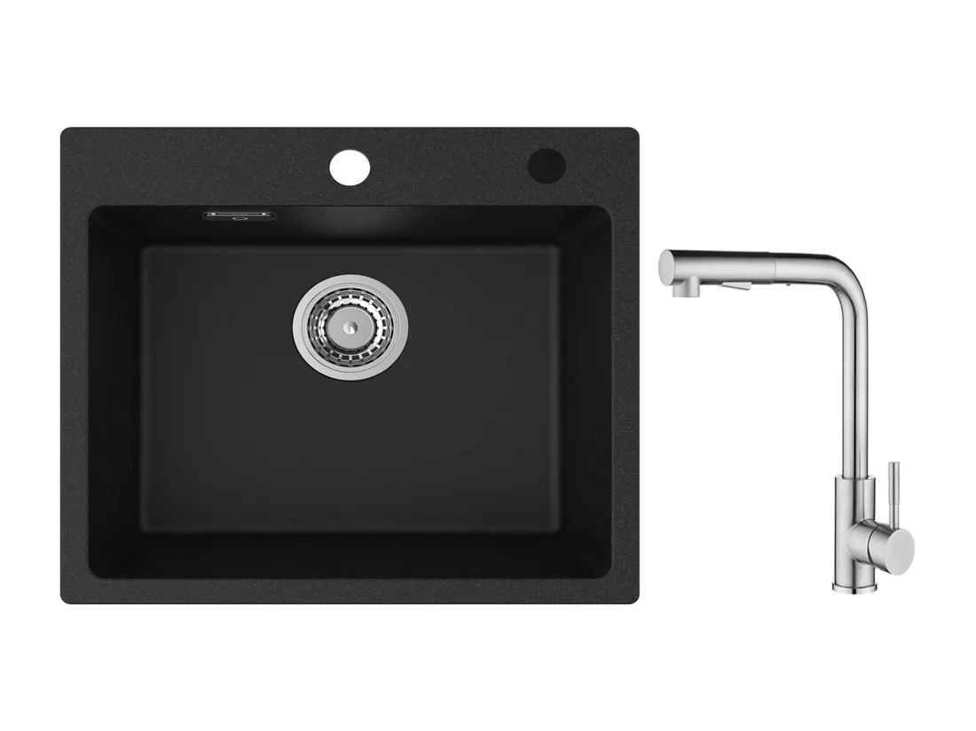 Cecipa max Evier Quartz Noir 50x45cm Evier 1 Bac en Quartz Evier Cuisine en Granit + Mitigeur avec Douchette Extractible - 2 Jets aux Choix - Brossé