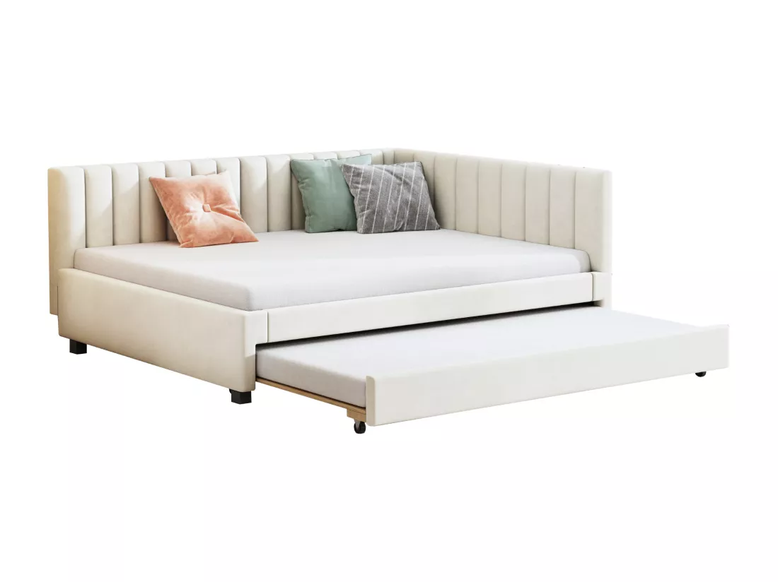 Lit banquette capitonné 140x200 cm - avec lit gigogne 90x190cm - tissu en velours - Beige