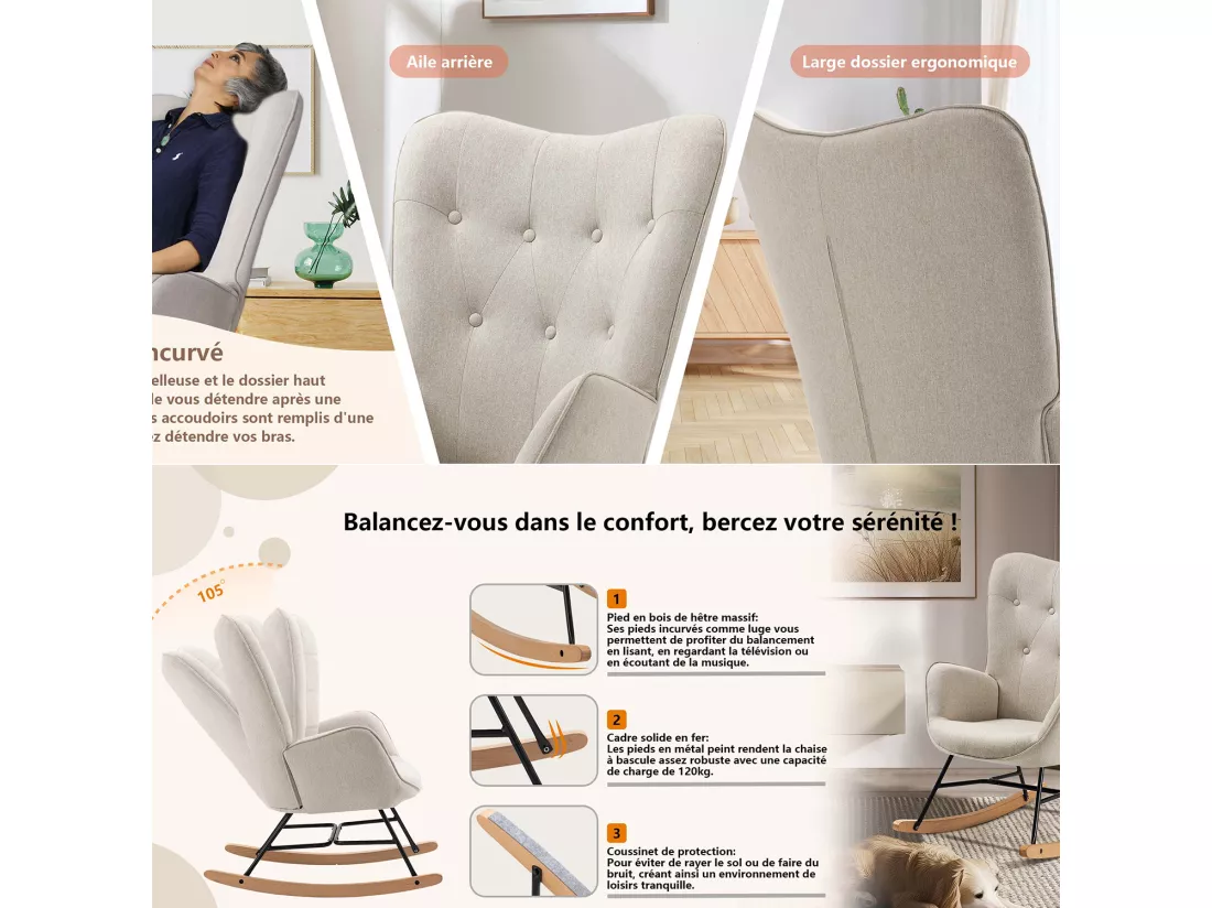 MEUBLES COSY Fauteuil à Bascule Allaitement Rocking Chair Scandinave Chaise Loisir Revêtement en Tissu avec Pieds en Bois Massif pour Salon, Chambre, Le balcon, Beige