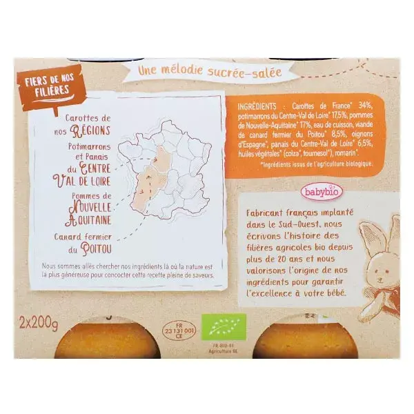 Lancheira Babybio Orgânica de Cenoura, Abóbora, Maçã e Pato +8 meses 2 x 200g