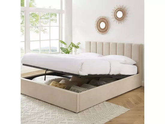 Billie - Lit coffre matelassé en tissu 160x200cm - Beige