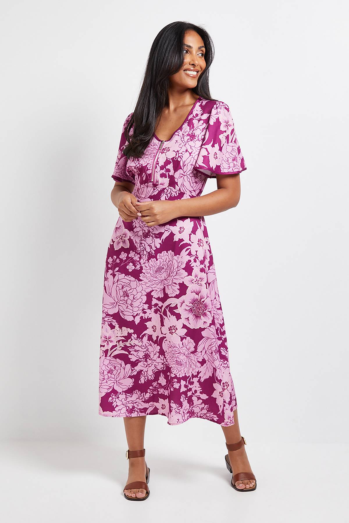 Wallis Robe Midi Petite à Manches Évasées et Fermeture Éclair