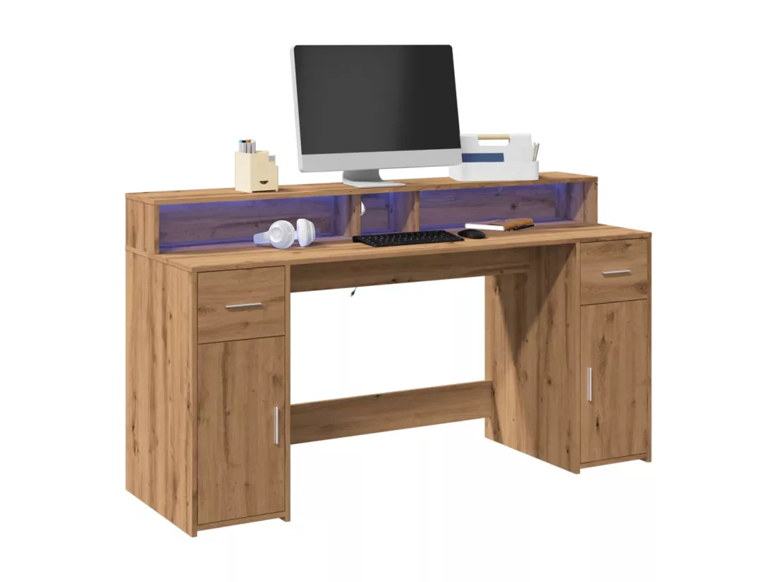 Bureau avec lumières LED chêne artisanal bois d'ingénierie