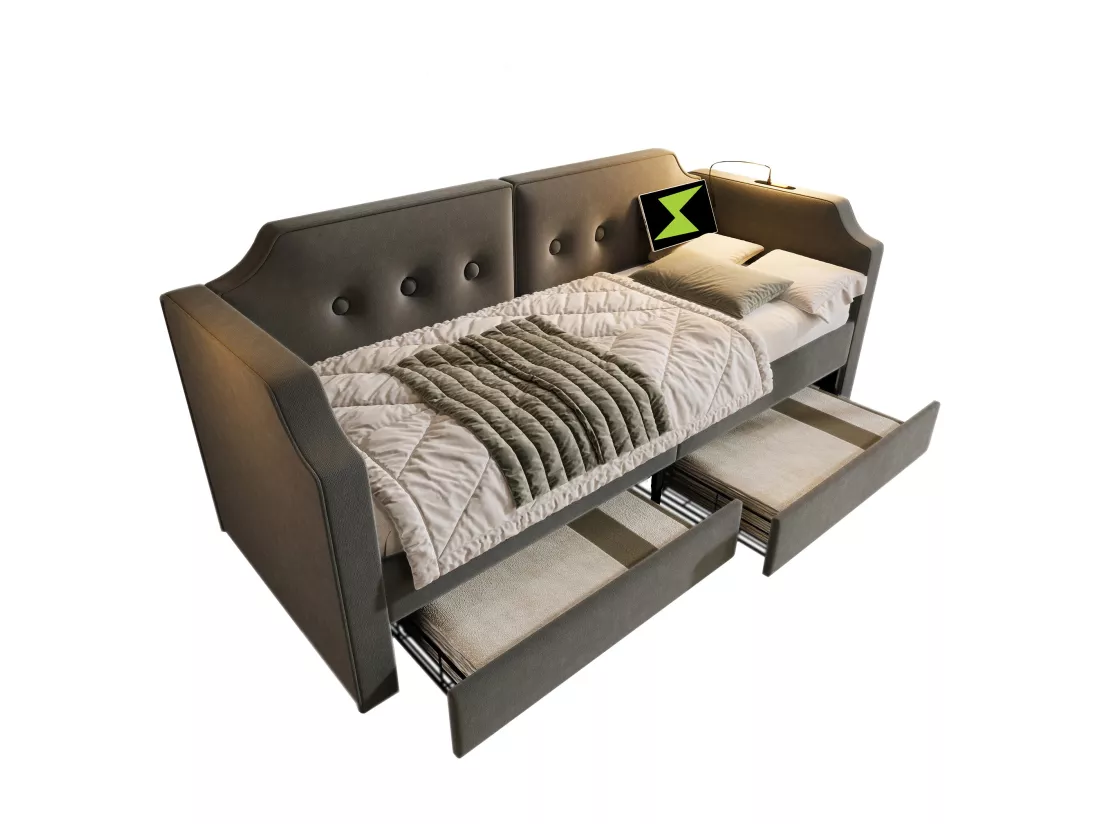 Lit banquette 90x200cm en velours - avec fonction recharge et LED - avec sommier à lattes - Gris