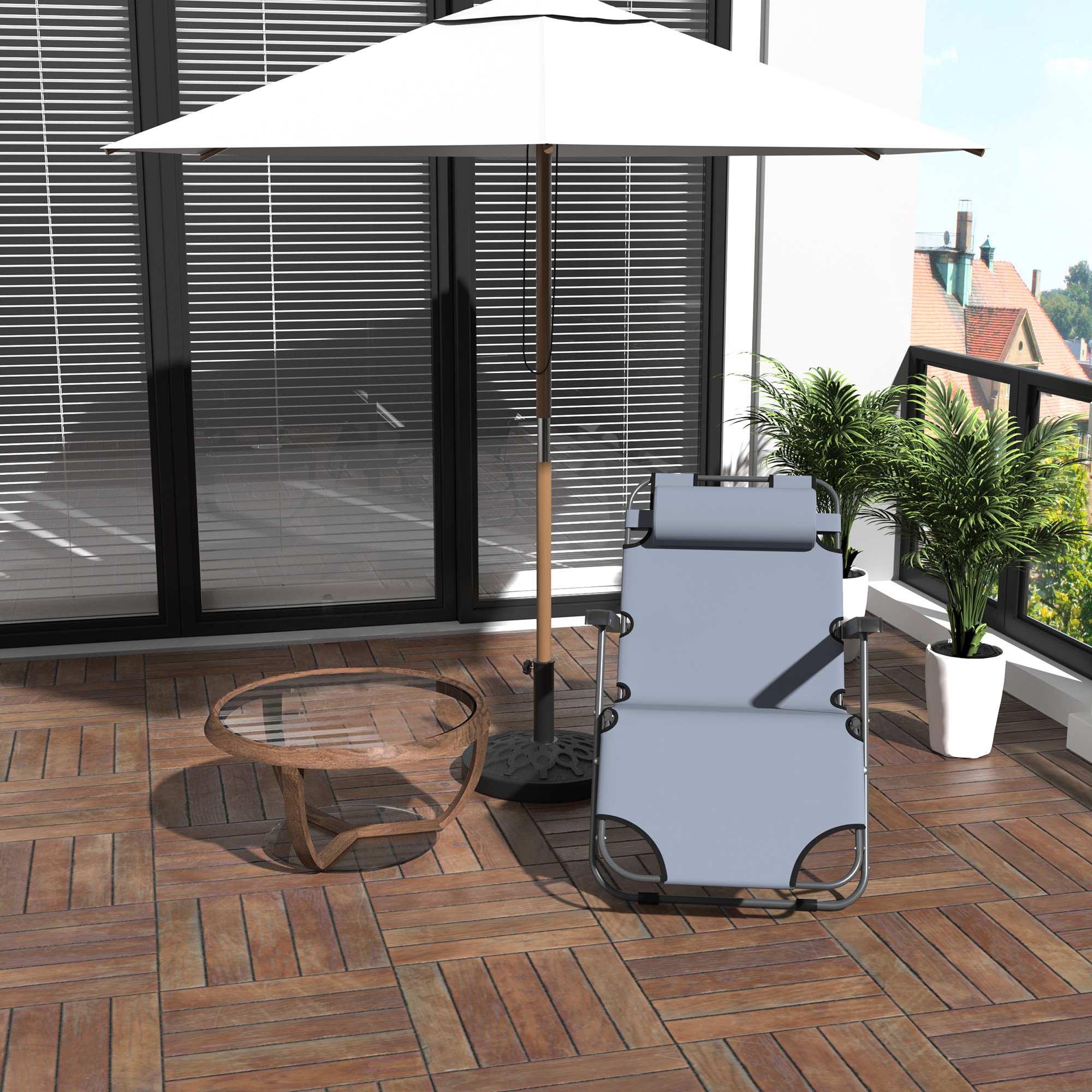 Espreguiçadeira reclinável e dobrável Outsunny para jardim, com encosto ajustável em 2 níveis, apoio de cabeça e bolso, capacidade de carga de 136 kg, 118 x 60 x 80 cm, cinza.