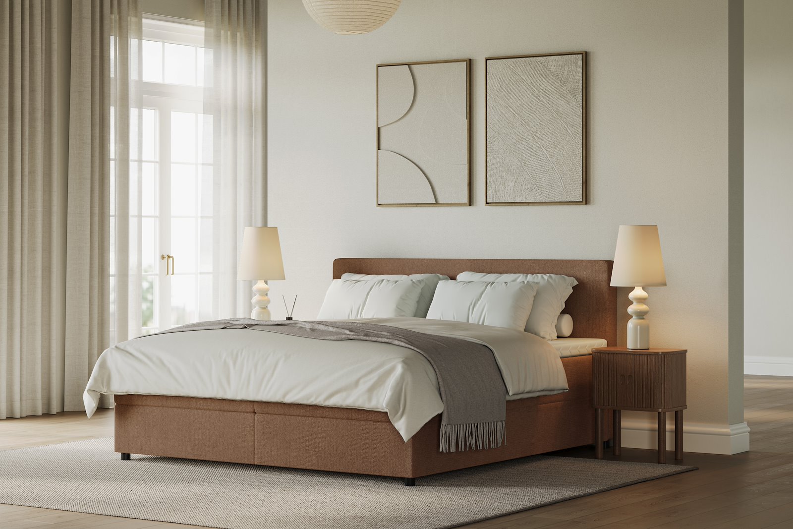 Premium 10 oppbevaringsseng 180x200 cm Magasinseng med oppbevaring, åpnes fra siden. I tekstil storm 54 tan, med medium/fast fasthetsgrad og premium 10 overmadrass,sorte ben. Sengegavl selges separat.