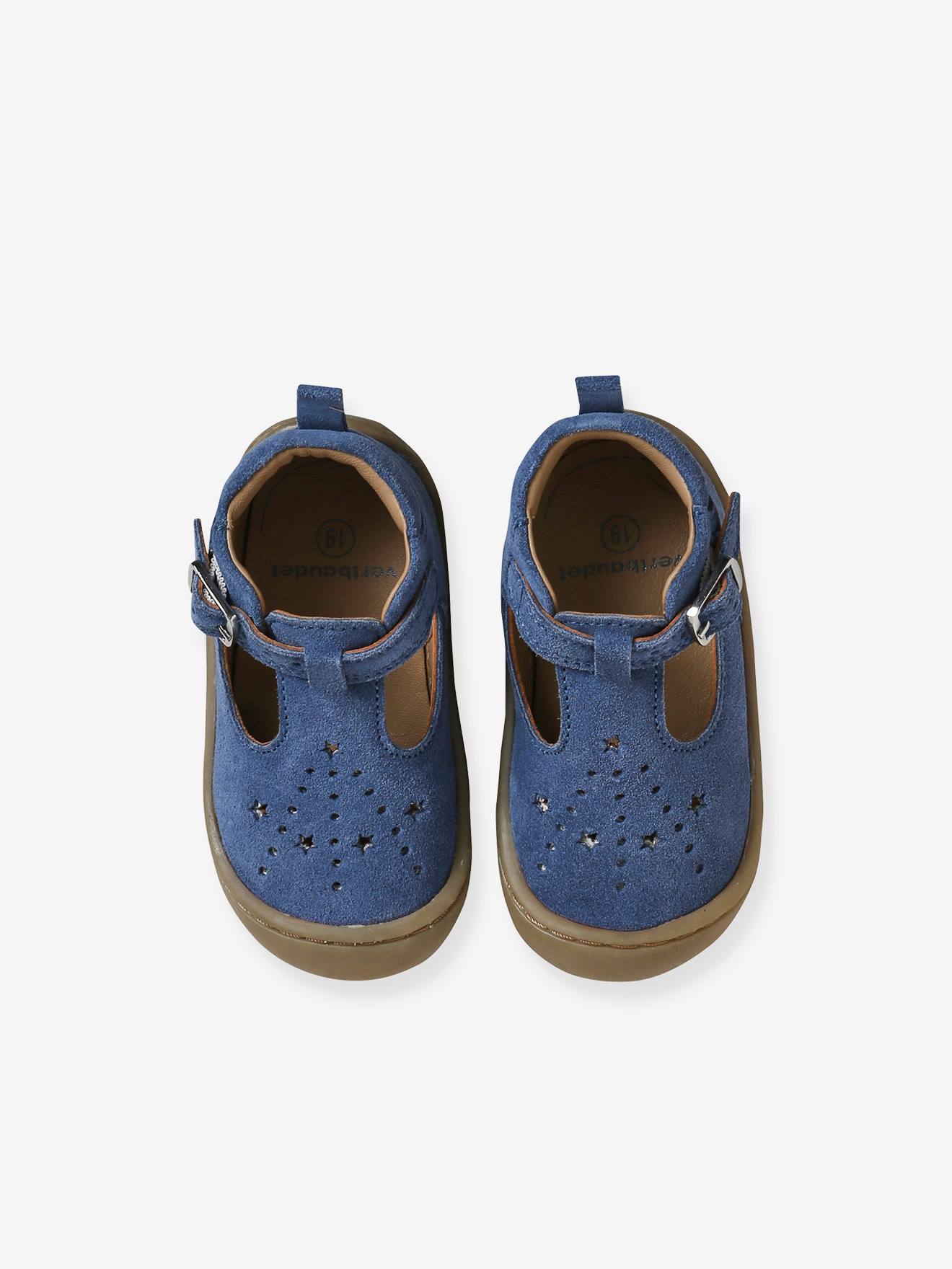 Sandálias de couro flexíveis para bebês, especialmente desenhadas para engatinhar, jeans azul.