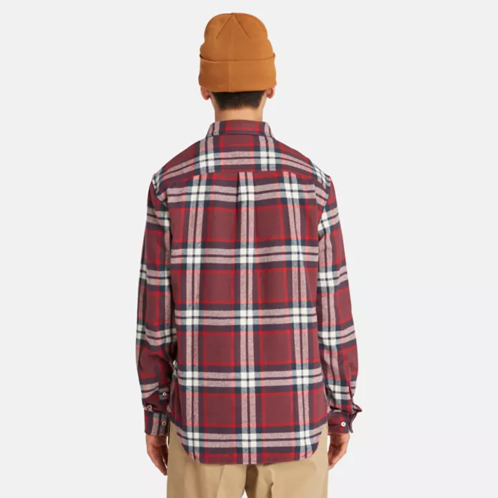 Camisa de flanela xadrez masculina em tons de vinho/vermelho/branco