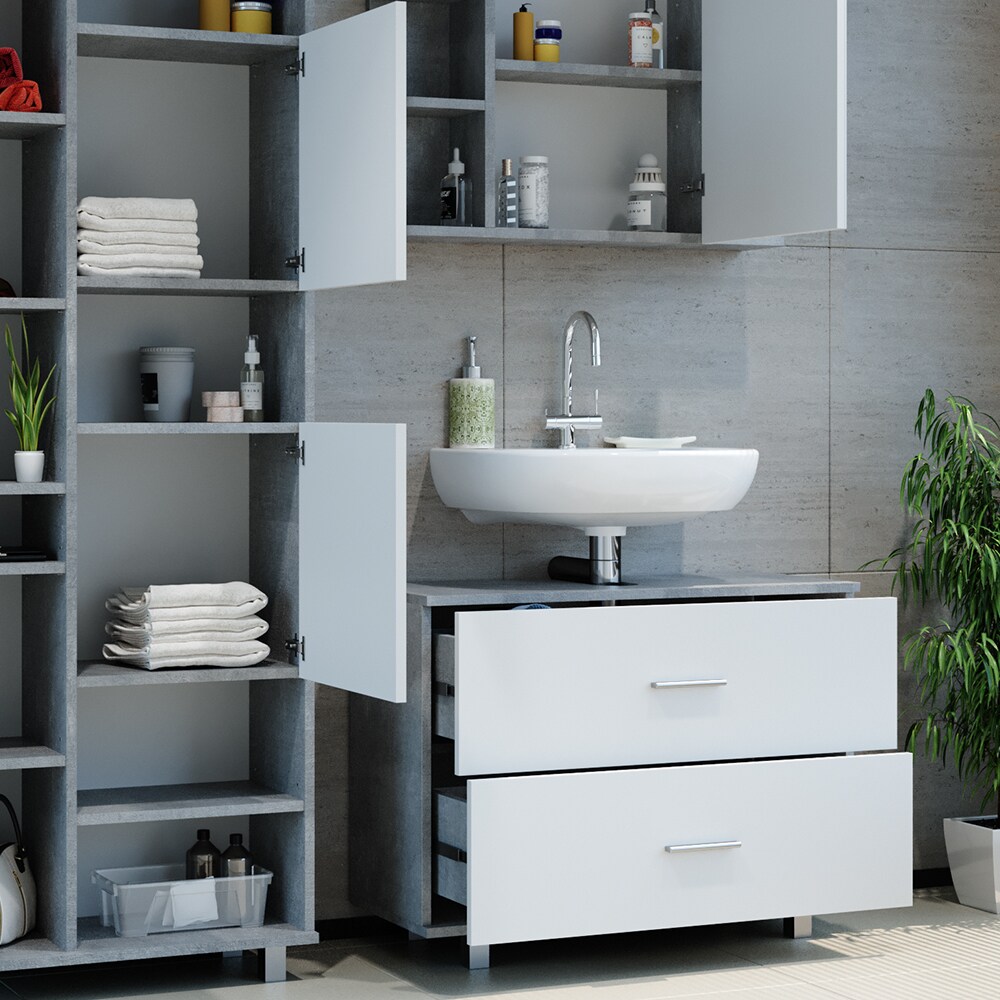 VICCO Badmöbel Set ILIAS Weiß Beton Spiegel Kommode Unterschrank Badschrank